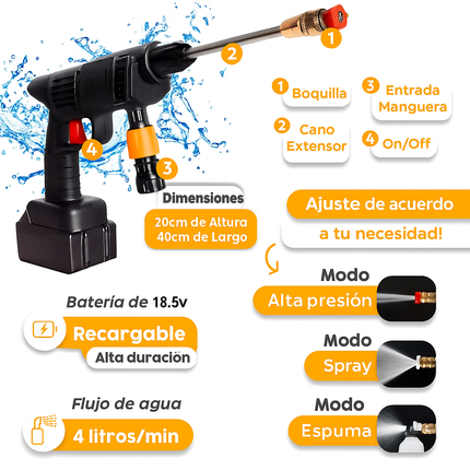 Hidrolavadora Portátil a Batería 18,5V – Alta Presión, Kit Completo para Auto y Hogar